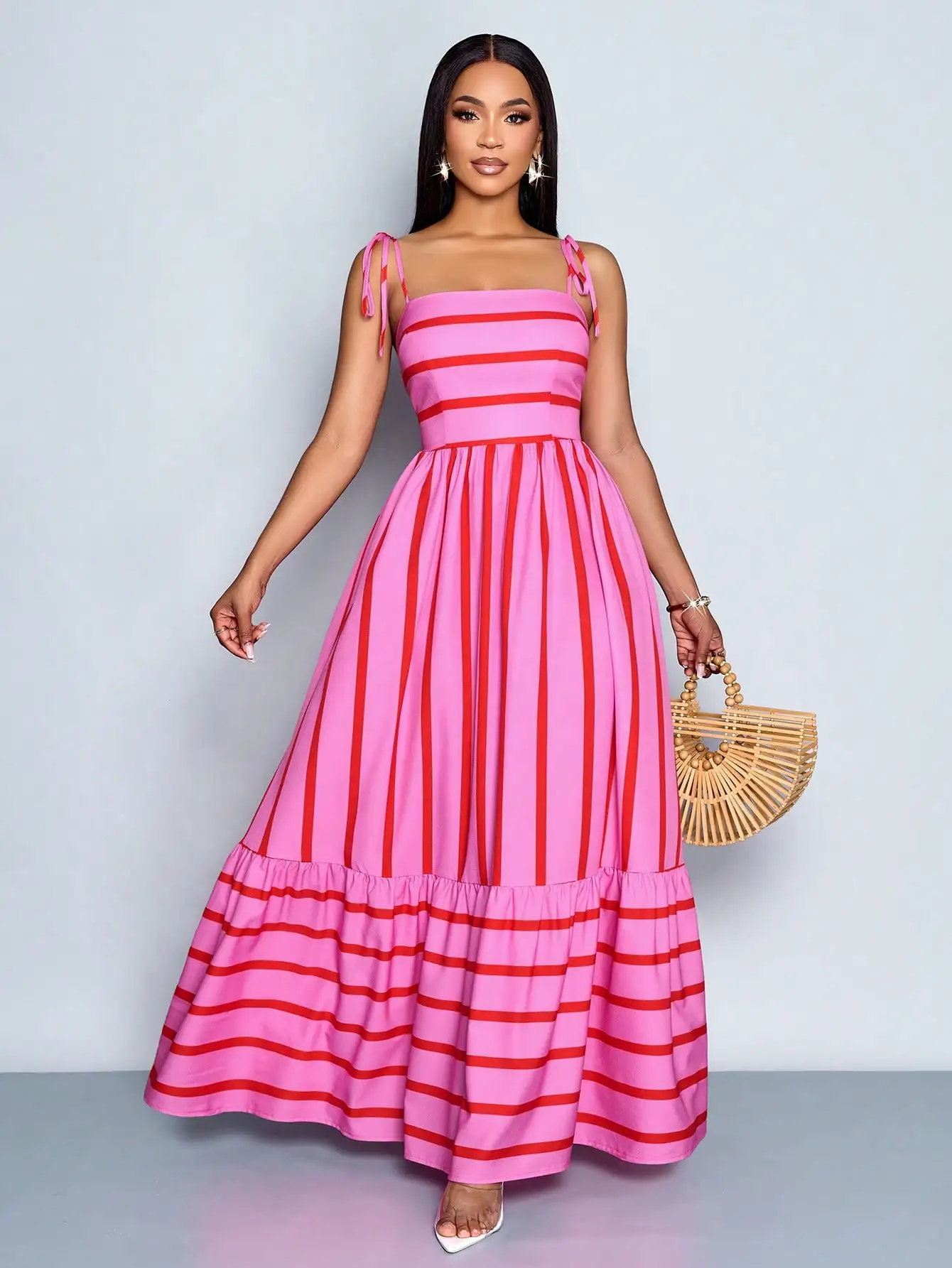 

Pink & Red Striped Maxi Dress with Tie-Shoulder Straps and Ruffled Hem