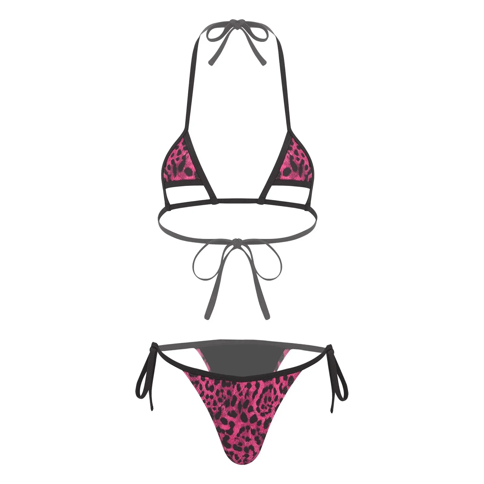 Womens Brazilian Micro Mini Bikini Swimsuits Two Pieces Swimwear Tie-up Leopard Print Triangle Hollow Out Bra Top with Thong Set