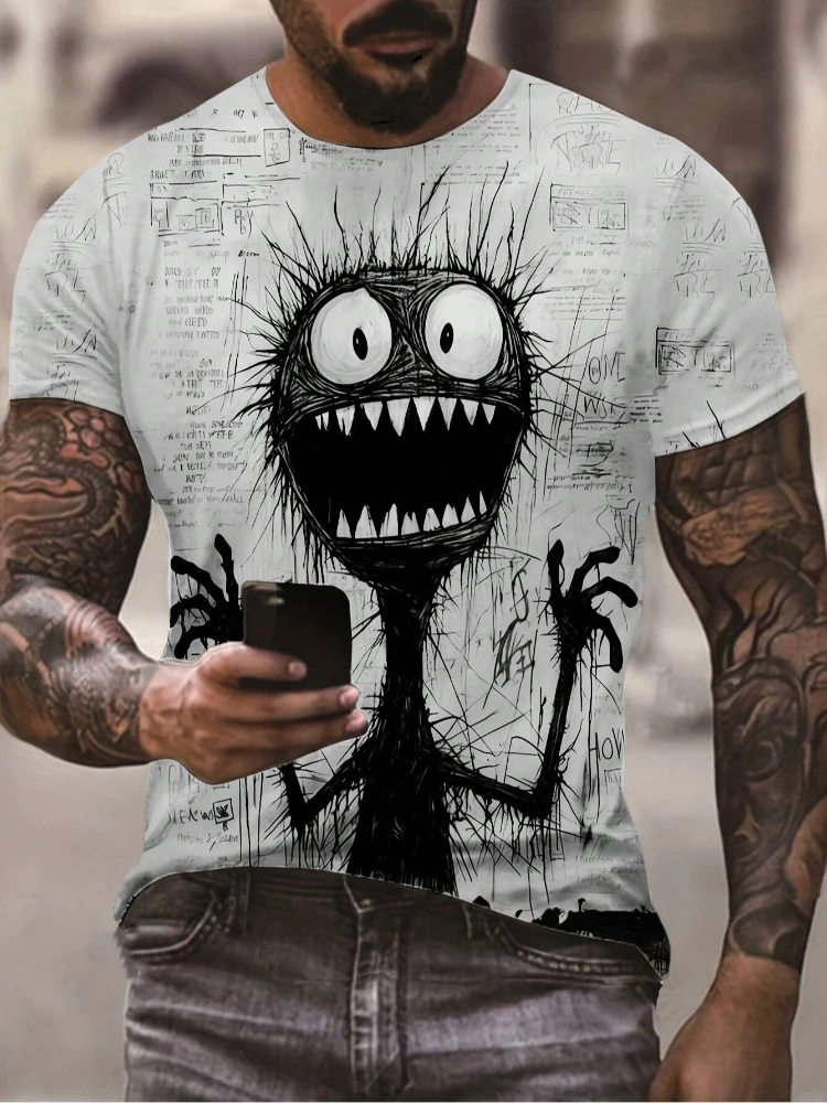 Summer Men's Fashion Short Sleeve Anime Monster Panic 3D Printed Men Loose Short Sleeve Outdoor Street Oversized T-shirt