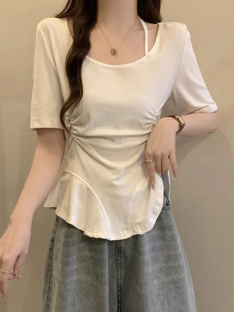 

Summer All Match T Shirt O Neck Short Sleeve Solid Color Irregular Ruffles Oversized Tops 2025 Female Slim Design Women Clothing