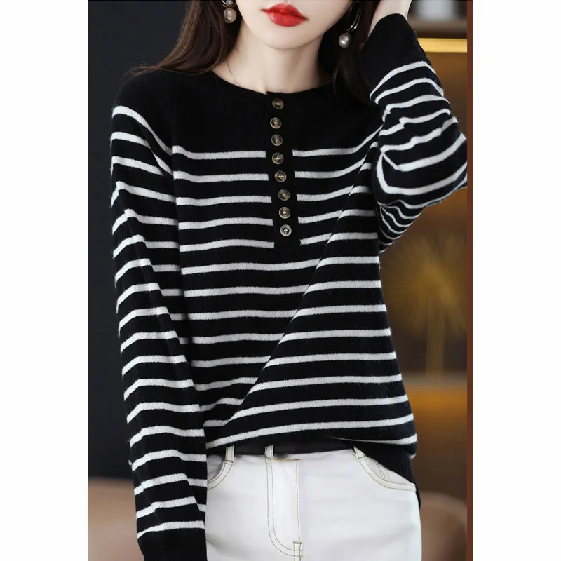 

Thiened Long Sve round Ne Striped Base irt Casual Sle Теплая корейская версия Осень Зима Новое поступление Вязание для похудения...