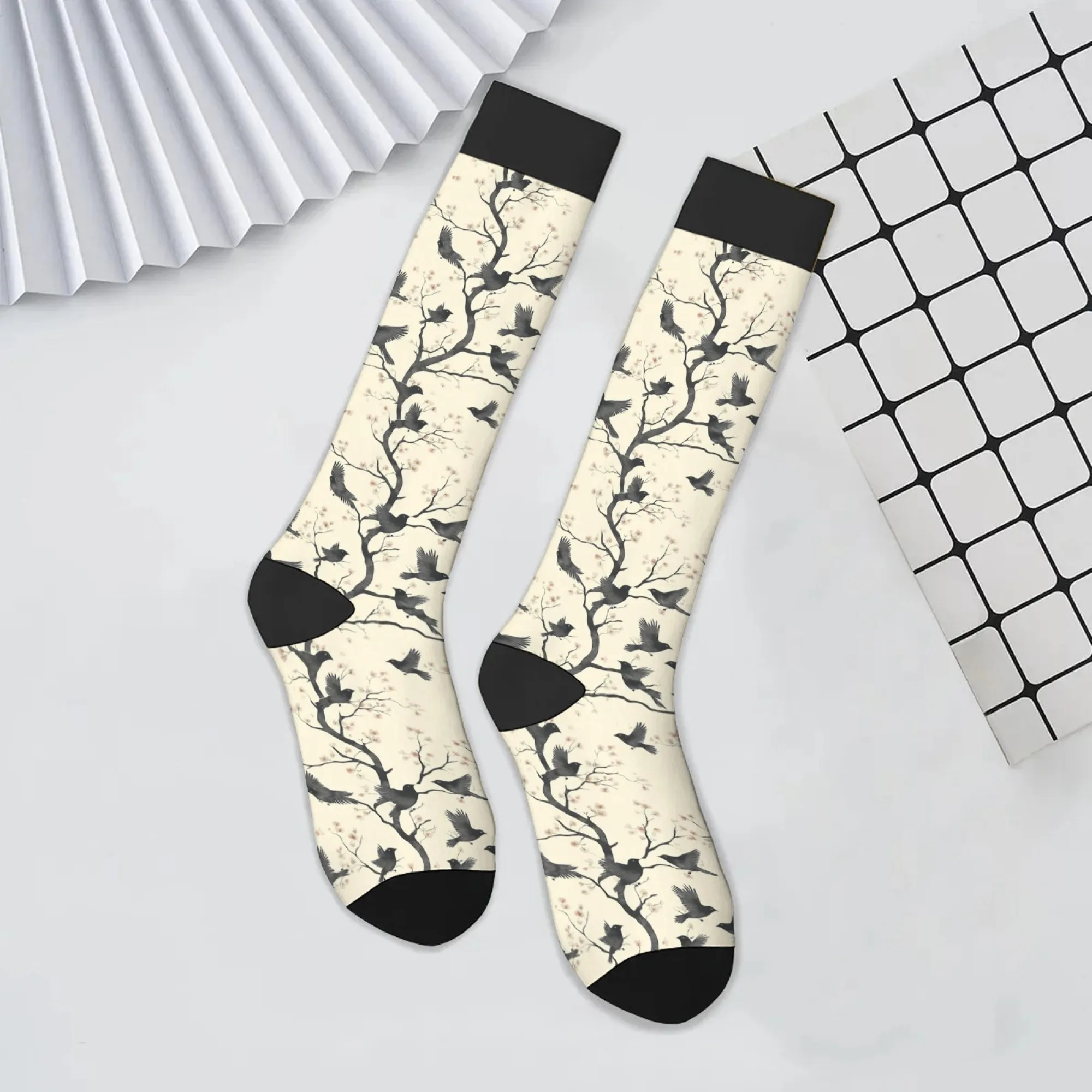 Literary Style Retro Knee High Socks Cute Branch & Bird Print Cream-white Tones Skin-Friendly Durable Stitching Party Looks