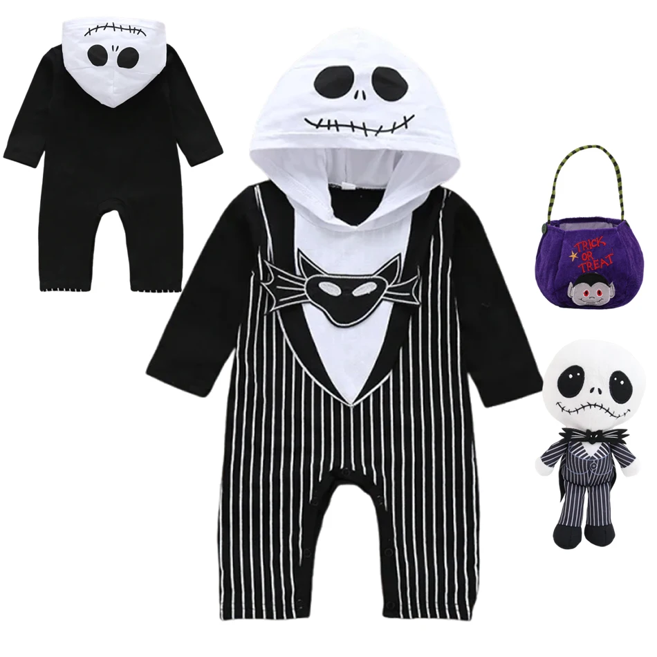 

Baby Boy Halloween Cosplay Clothes Jack Nightmare Before Xmas Romper Christmas Cotton Striped Hooded Jumpsuit For 0-24 Months