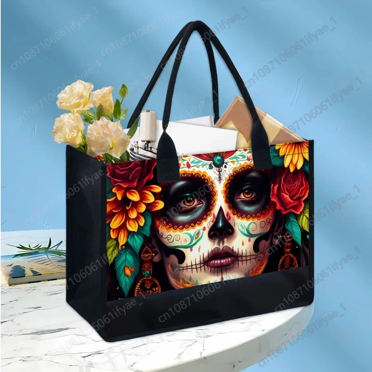 Halloween Gift Scary Skull Girl Gothic Design Canvas Bag Large Capacity Handle Elegant Ladies Shoulder Totes Female Handbags New