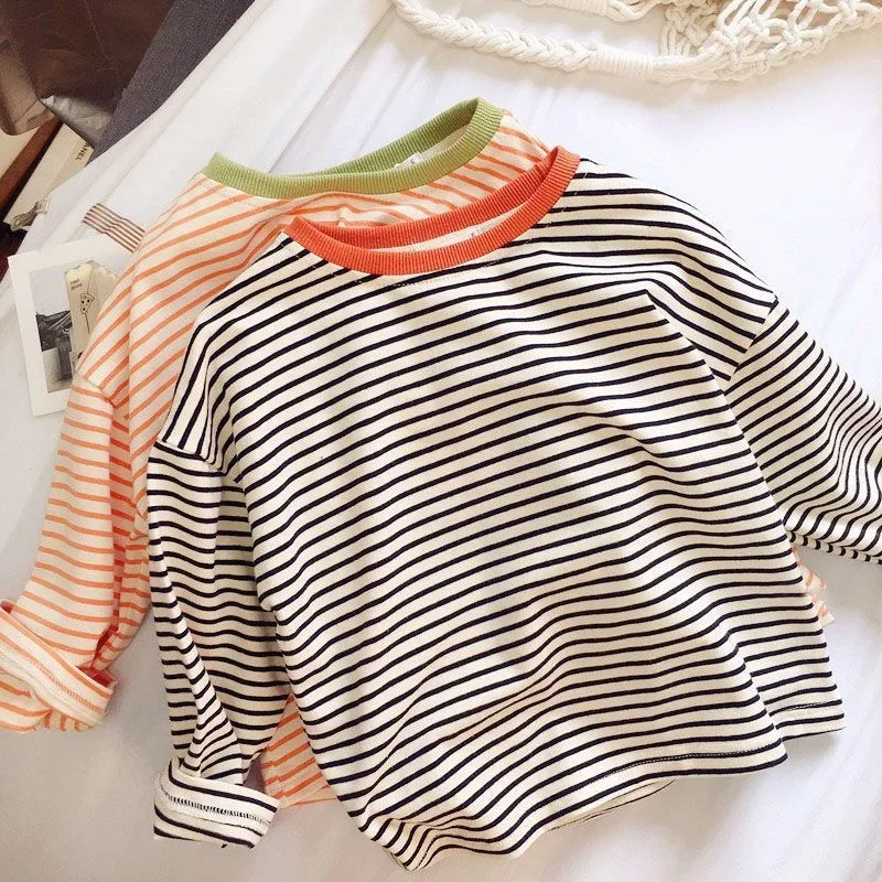 Herbst Frühling 1-5 Jahre Baby Mädchen Jungen Unterhemd Kinder Gestreiftes Langarm-T-Shirt Locker Weich Tägliche Kinder-Oberteil-Kleidung – Detail 1