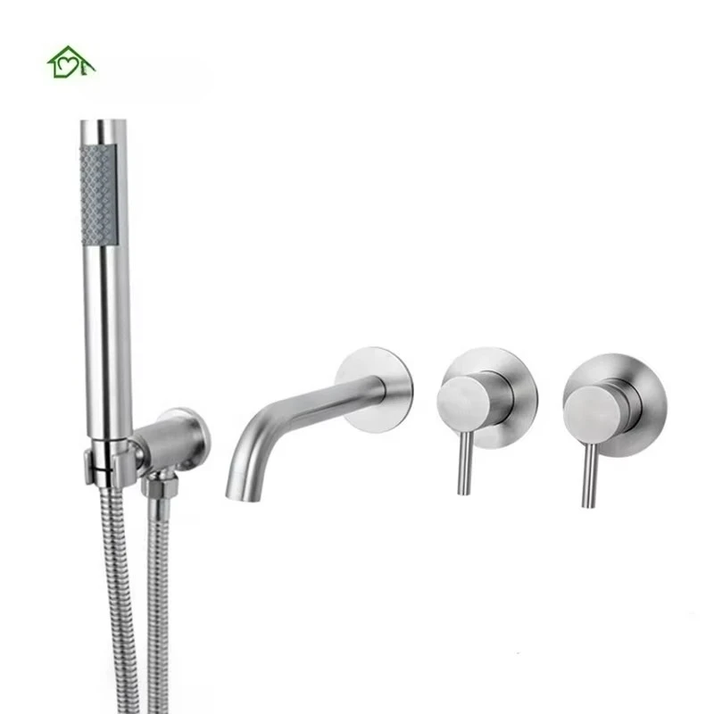 

304 Stainless Steel Brushed Silver Wall Mounted Hot and Cold Mixer Bathroom Shower Faucet Set with Spout