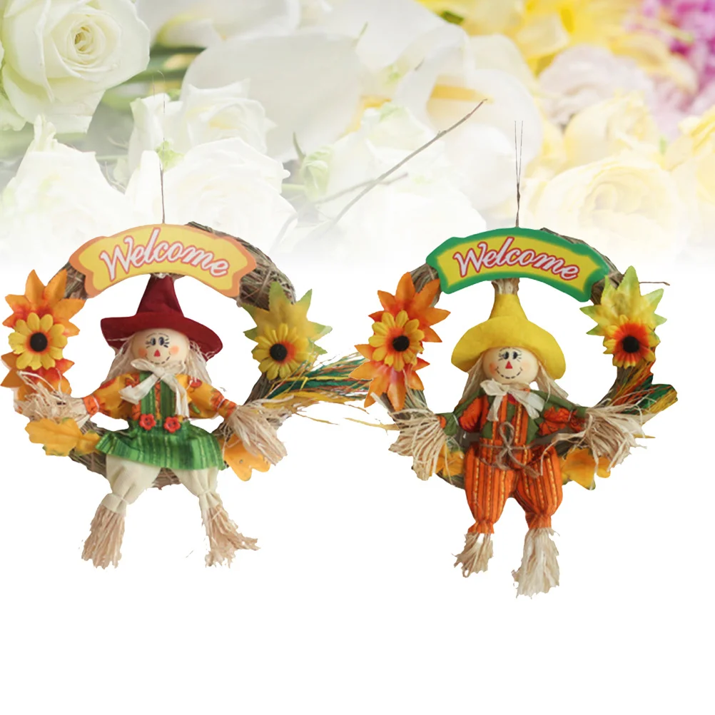 

2Pcs Scarecrow Wreath Small Size Male Female Hanging Ornament Halloween Thanksgiving Autumn Decor School
