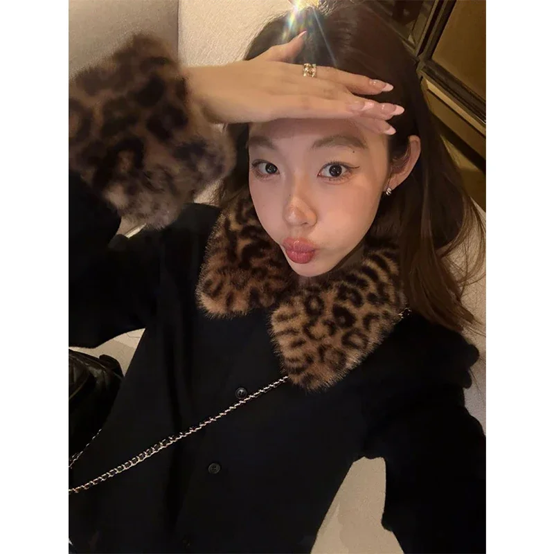 

Vintage Black Jacket Women Harajuku Cropped Leopard Patchwork Coats Winter Streetwear Korean Long Sleeve Short Outerwears