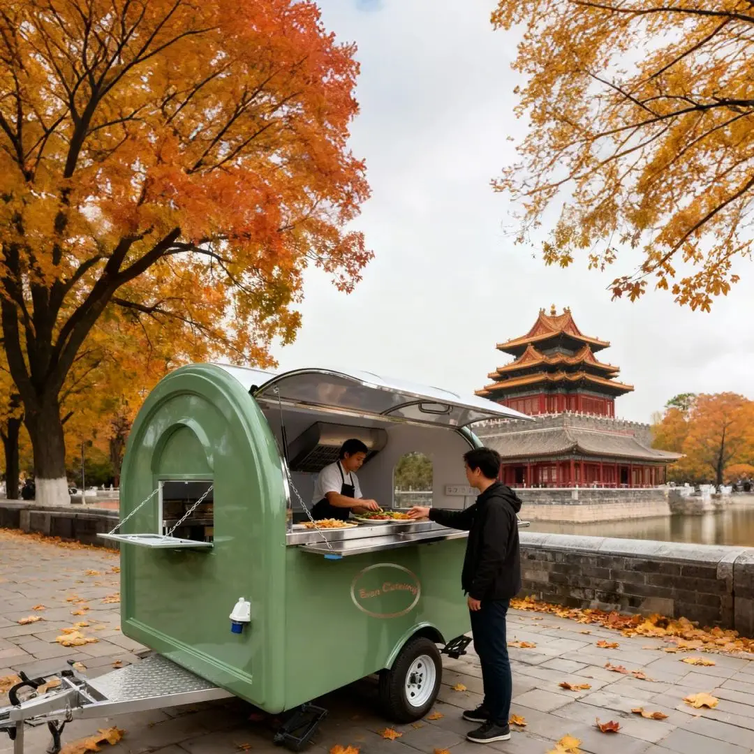 

Outdoor Food Trailer Fresh Olive Green round Cute Shape Retro Industrial Style Mobile Kitchen Catering Truck