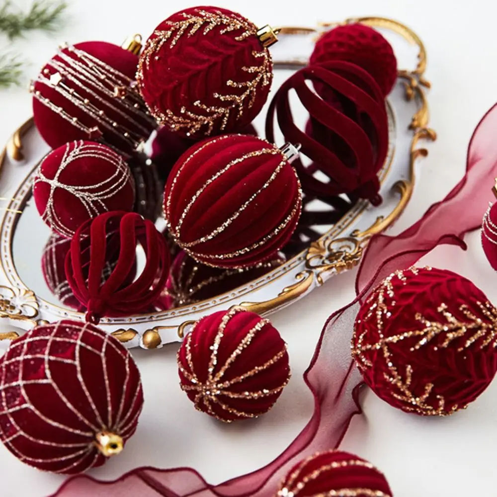 4pcs 6/8cm Wine Red Flocking Christmas Balls Sequined Sparkling Christmas Tree Ornament Balls Various Style Combinations