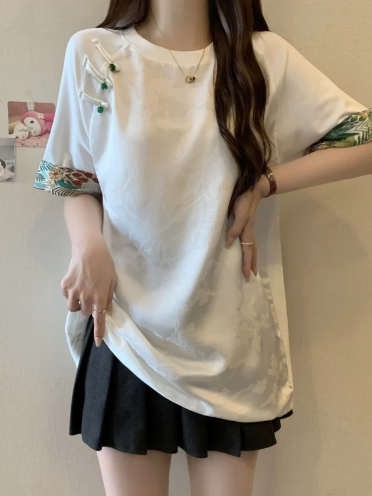 Unique Chinese Style Mid-Length Short-Sleeve T-Shirt Women's Summer Fashionable Butt Covering Top Straight Cut  Color