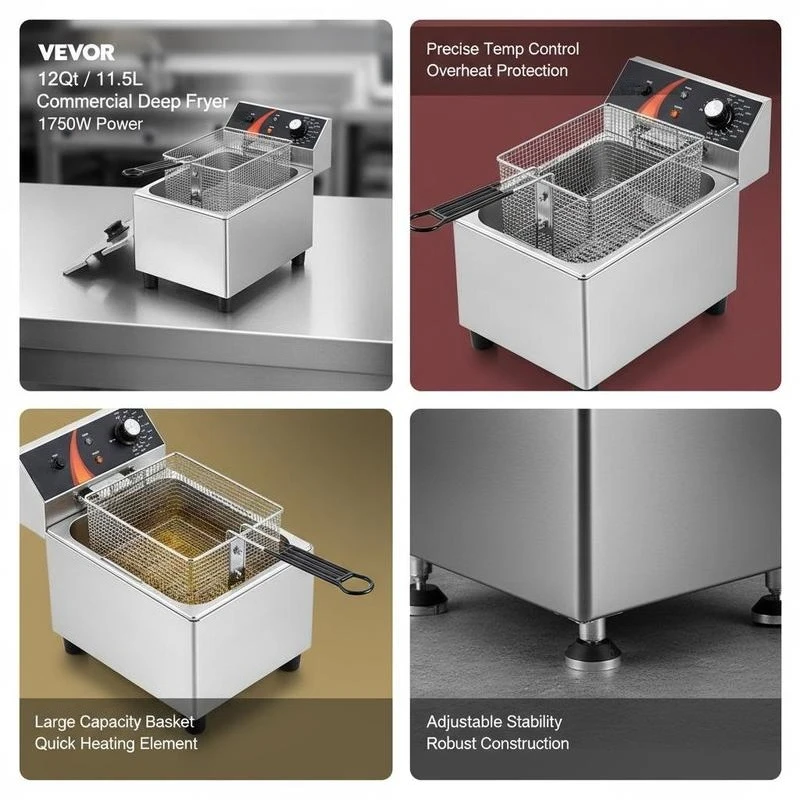 Tabletop Frying Machine 12Qt / 11.5L For Restaurant Home Kitchen Catering 1750W Single Basket Height-Adjustable Feet Temperature Control Overheat Protection Professional Culinary Equipment Food Preparation Tool Heavy Duty Construction 12.6 x 11 x 11. view 7