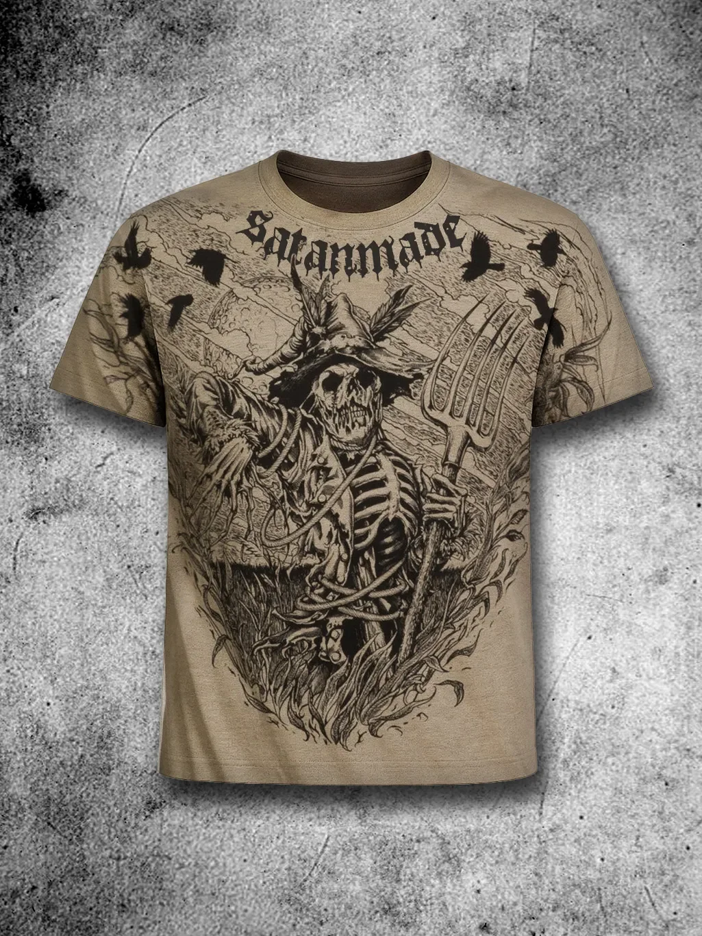 Retro Beige Gothic Scarecrow Skull Round Neck T-shirt, Black Art Crow Pattern Short Sleeve T-shirt for Men and Women