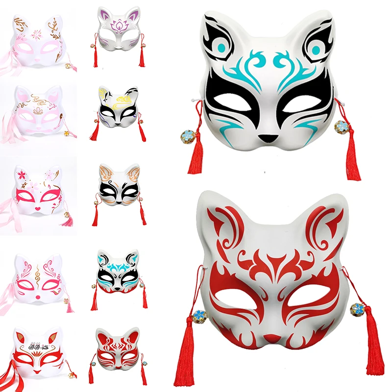 Maschera di volpi di gatto giapponese Cosplay Rave Party mezza faccia dipinta a mano Anime Demon Costume Masquerade Sakura Festival Cosplay Prop