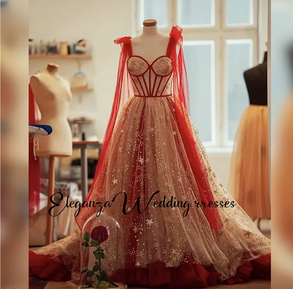 Gaun Pengantin A Line Tulle Bintang Gemerlapan Kustom Gaun Pengantin Arab Warna-warni Menawan Sampanye Merah Gaun Pengantin Pernikahan & De Novia 2025