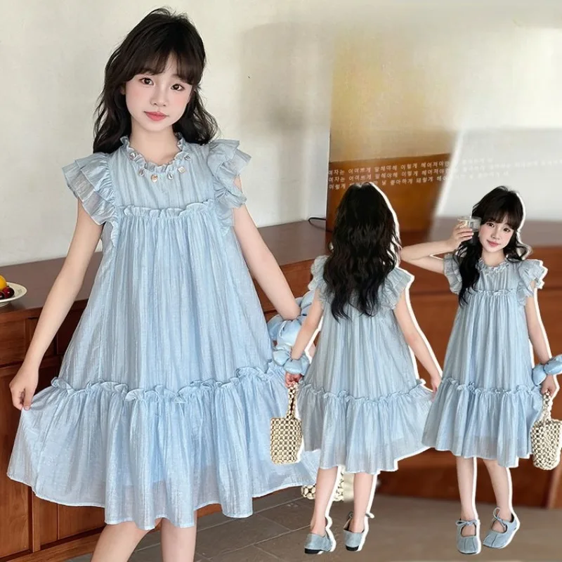 

Girls Summer Dress Children's Lightweight Sleeveless Princess Dress Round Neck Kids Flying Sleeves Chiffon Skirt 2025 New