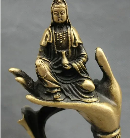 China Buddhism Bronze Free Kwan-yin GuanYin Goddess On Lotus Buddha Hand Statue