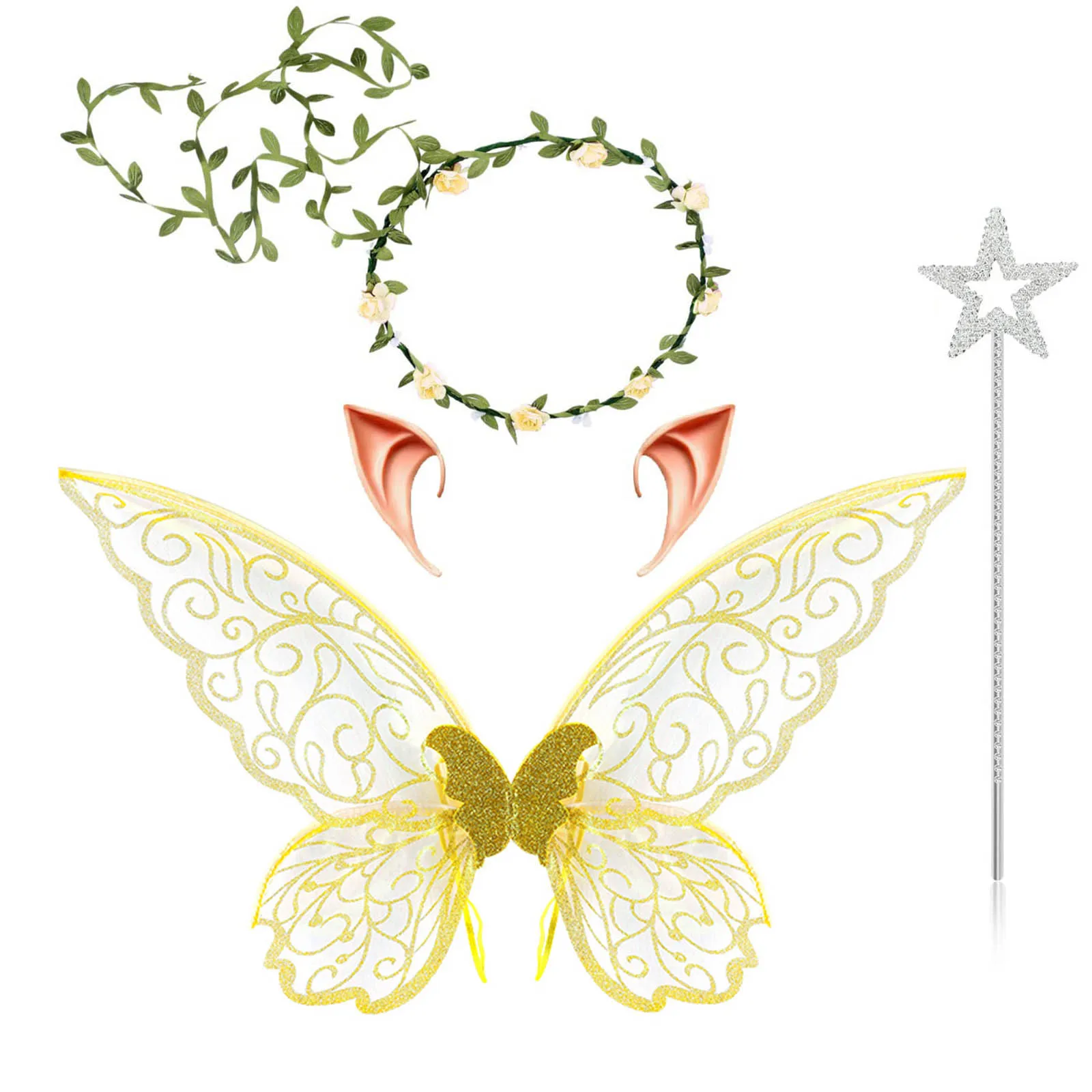 Women Girls Colorful Butterfly Wings Elastic Strap Fairy Wand Elf Ears Fake Leaf Headband Costume Set Props for Party Halloween