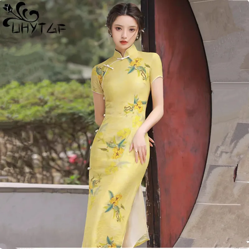 

Vintage Classic Print Cheongsam Women Improved Short Sleeve Slim Dress Chinese Style High-End Qipao Female Dress Long Vestidos