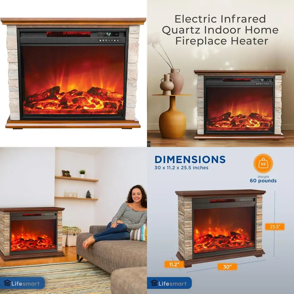 3-elementowy piec na podczerwień o mocy 1500 W do użytku wewnętrznego z imitacją kamienia i drewna dębowego