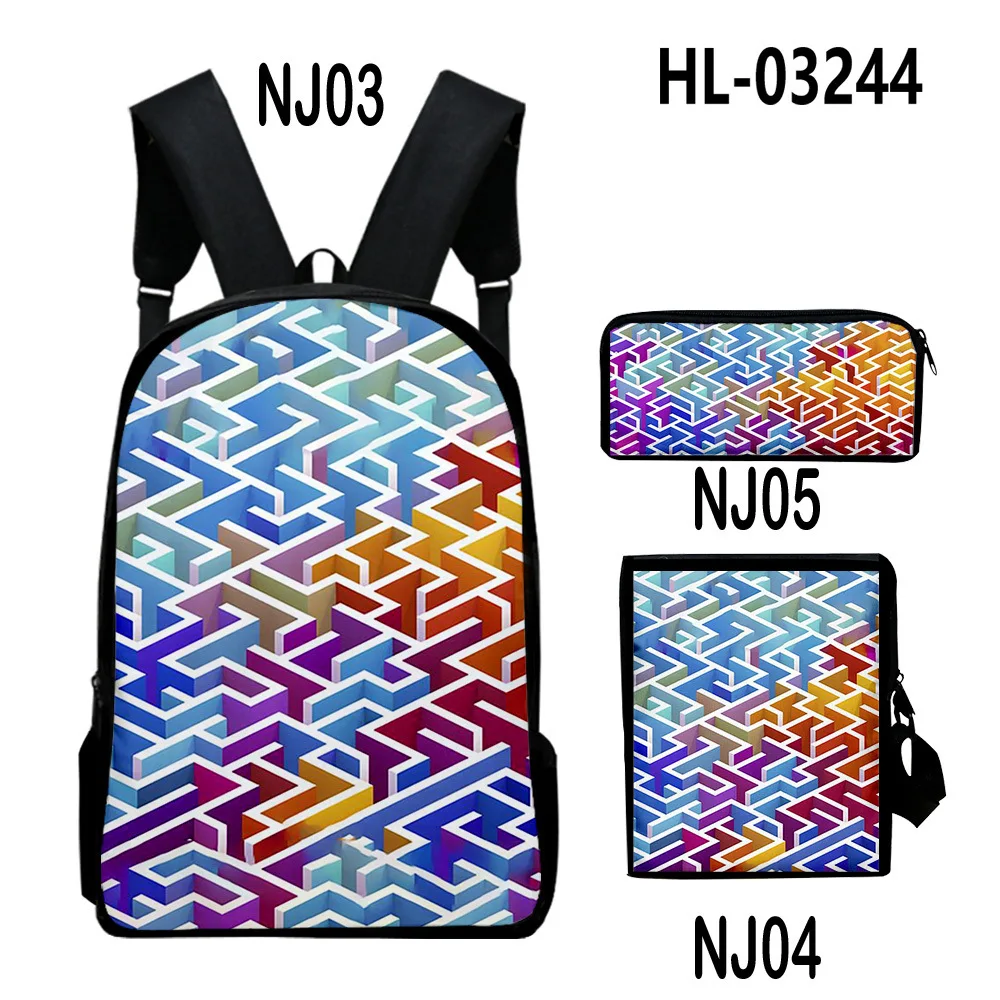 Trendy Popular Maze pattern 3D Print 3pcs/Set pupil School Bags Laptop Daypack Backpack Inclined shoulder bag Pencil Case