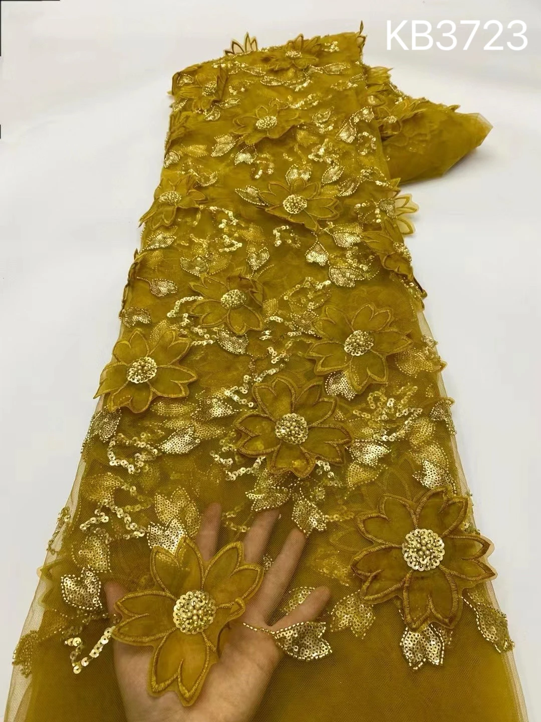 

5 Yards Gold 3D Floral Lace Fabric African Fabric Lace High Quality 2025 Lace Trim Green Lace Nigerian Fabric Beaded For Sewing