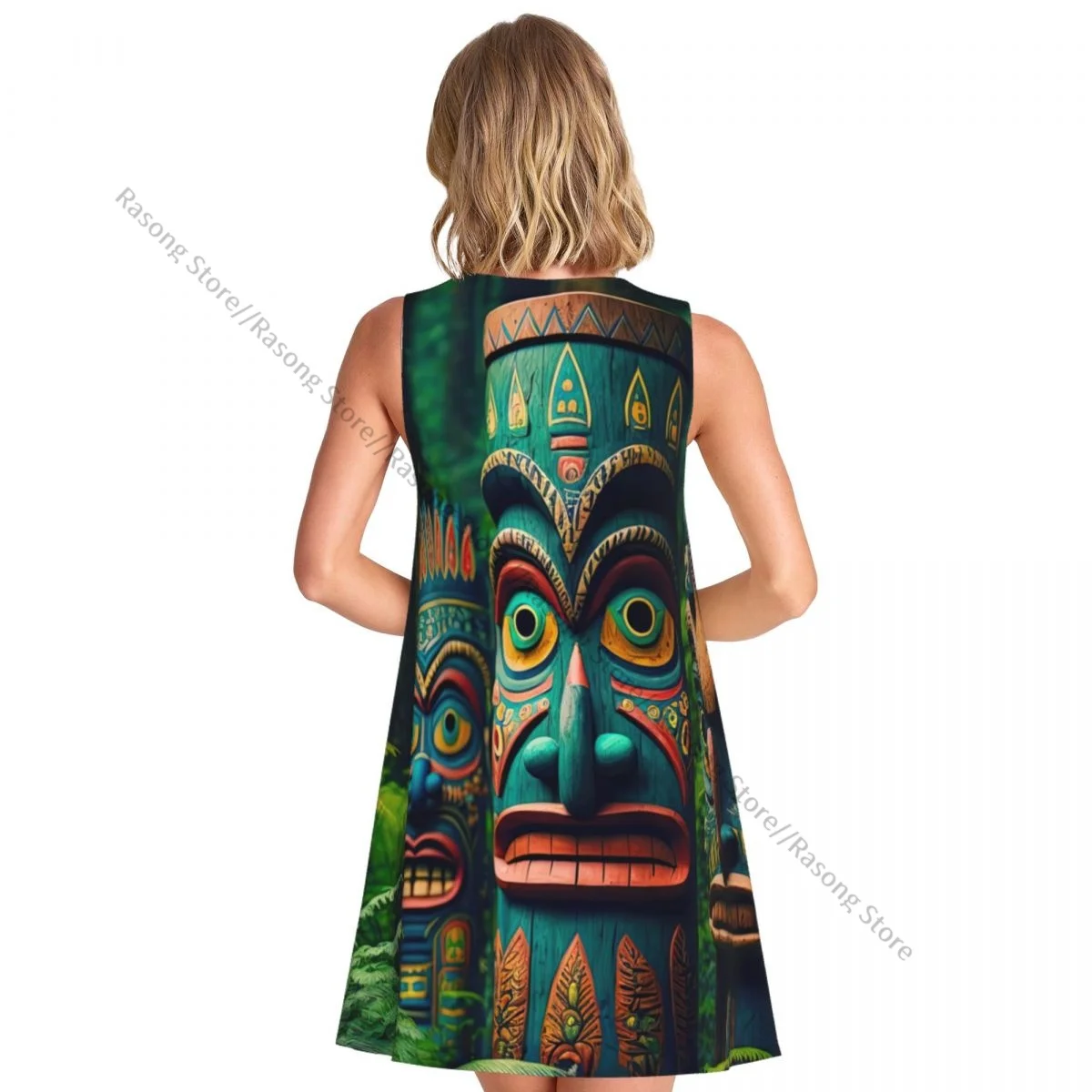 فستان نسائي صيفي كاجوال تي شيرت فساتين الشاطئ تغطي الطواطم العرقية للهندباء قناع تيكي في فستان خزان الغابات
