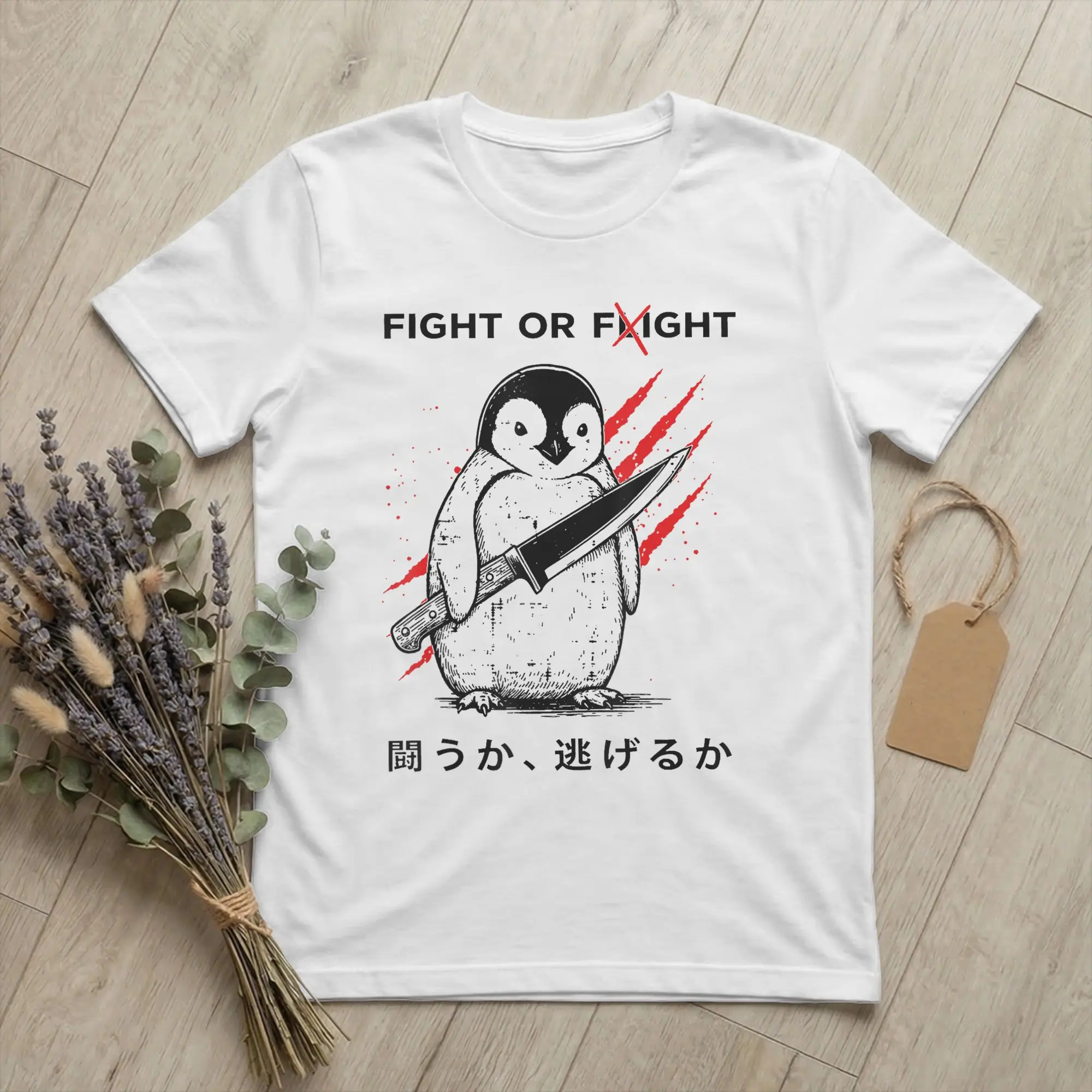 Fight Or Flight Penguin Dark Humor T Shirts Men Pure Cotton Fashion Male T-Shirts O Neck Meme Quote Tee Shirt Short Sleeve Tops