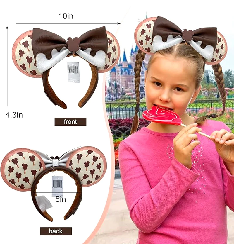Headband Es Krim Mickey Bermerek Disney Co untuk Dewasa/Anak-anak Disneyland, Kulit PU Cokelat dengan Pita di Telinga, Hadiah Natal untuk Wanita