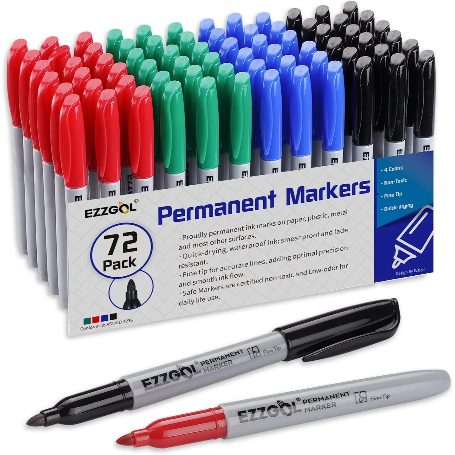 

Permanent Markers Bulk, 72 Pack Fine Point, 4 Assorted Colors for Adult Coloring, Office, School Supplies