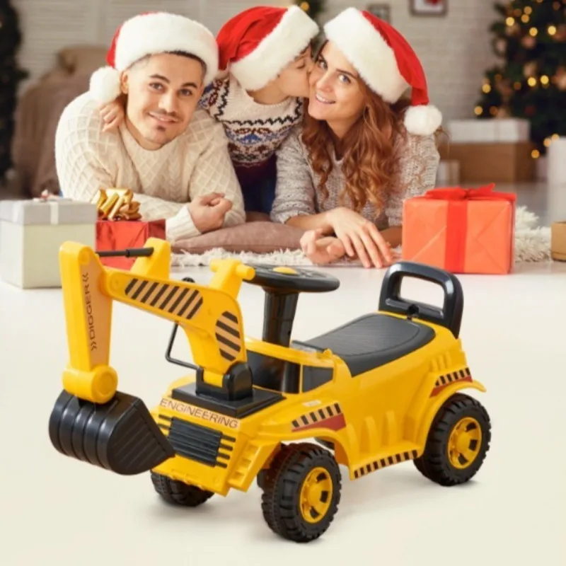 Excavadora para niños pequeños, coche de empuje, casco musical de 19 a 36 meses, carga de 55 libras, andador de pie a piso, juguete excavador seguro para niños, amarillo