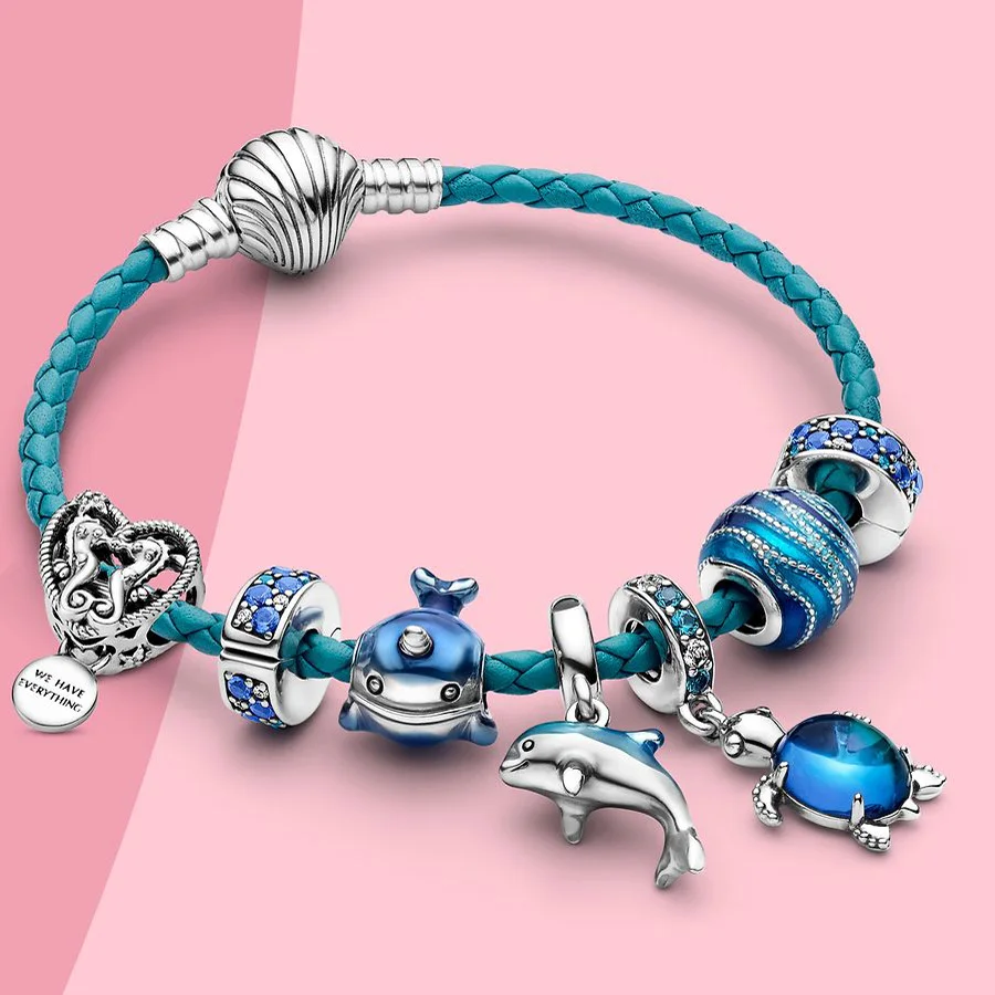 Fine 925 Silver Plated Blue Series Fish shell Turtle Dreamcatcher Pandora Fit Original Bracelets Women DIY Jewelry Gift Dangle