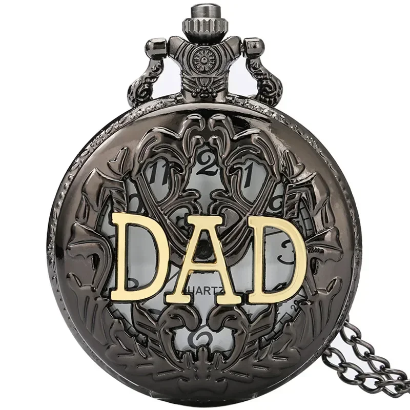 Bronze Dad Pocket Watch Hollow Out Arabic Number Dial Quartz Movement Timepiece with Necklace Chain Vintage Father Gift