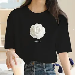 Nowy Plus Size t-Shirt damski modny biały kwiatowy Top z nadrukiem t-Shirt damski z krótkim rękawem t-Shirt damski letni uroczy koszula