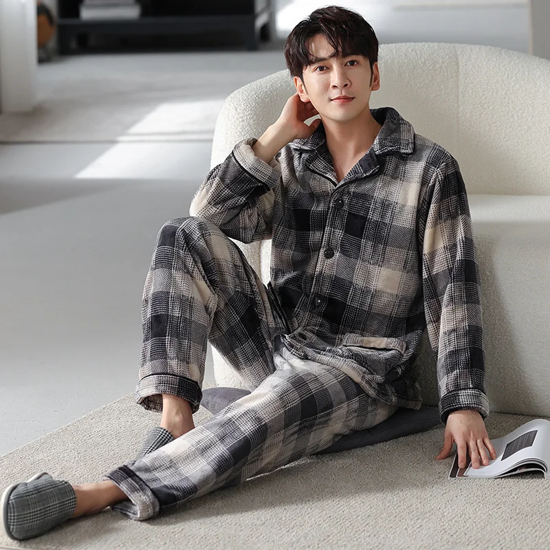 Button Cardigan Men's Autumn Winter Thick Flannel Pajamas Sets Long Sleeve Fashion Style Plaid Warm Sleepwear Big Yards Pijamas