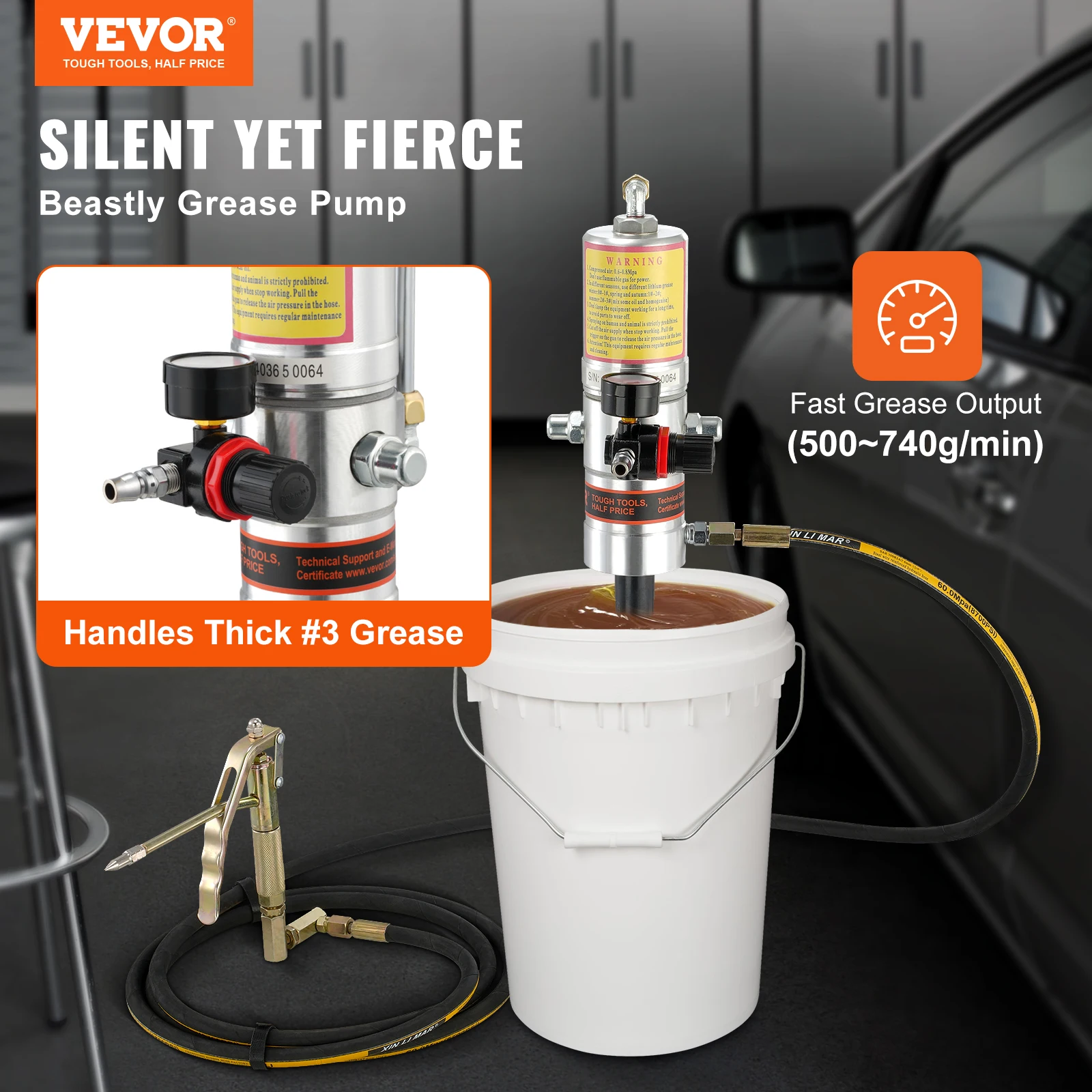 VEVOR Pneumatic Grease Pump Air Operated with 13 ft High Hose 360° Swivel Grease Gun Head Lubrication 50:1 Pressure Ratio