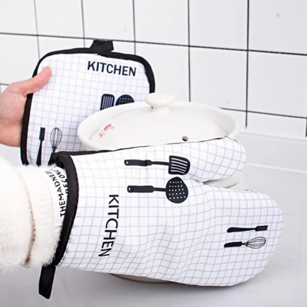 Twill Grid Thick Microwave Baking Right Glove Heat Resistant Mitten With Pot Pad A Pair Heat Insulation Gloves Oven Microwave - view 2