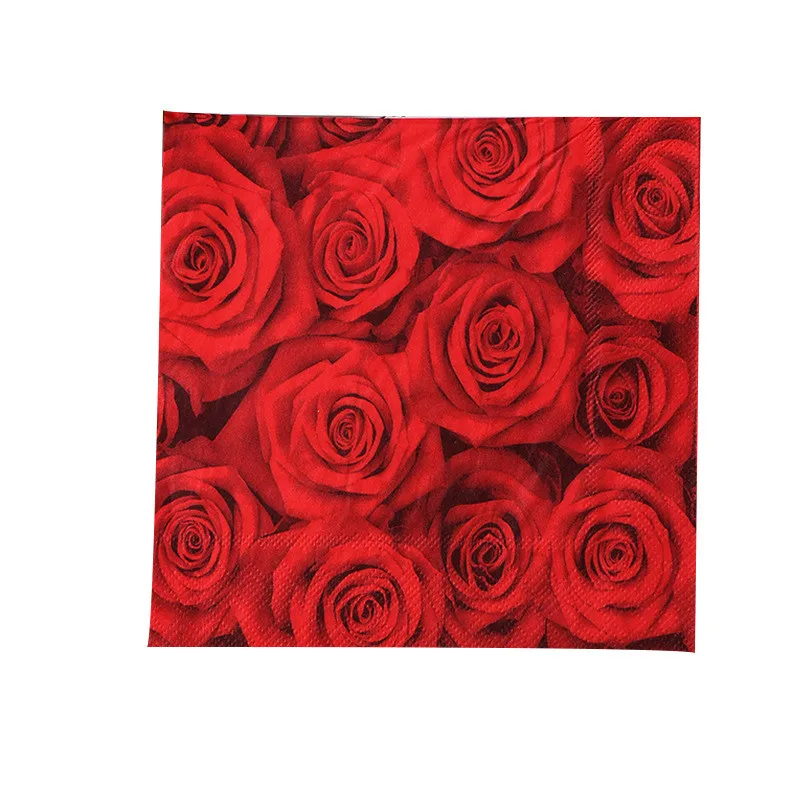 20Pcs/pack Red Rose Flower Printed Paper Disposable Tableware Sqaure Napkin Tissues Wedding Party Decoration