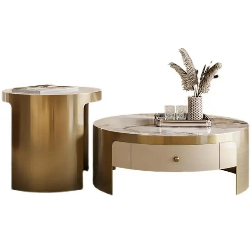 

Italian light luxury rock slab coffee table, household, small apartment living room, double pumping size round combination,