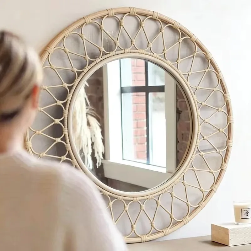 Waterproof and Rust-proof Texture Retro Wrought Iron Rattan Circular Frame Large Hanging Mirror Hotel Homestay Decorative Mirror