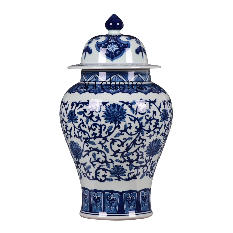 

Tqh Ceramic Vase Blue and White Porcelain Hand-Painted Chinese Tea Jar Living Room Decorations Porcelain Ornaments