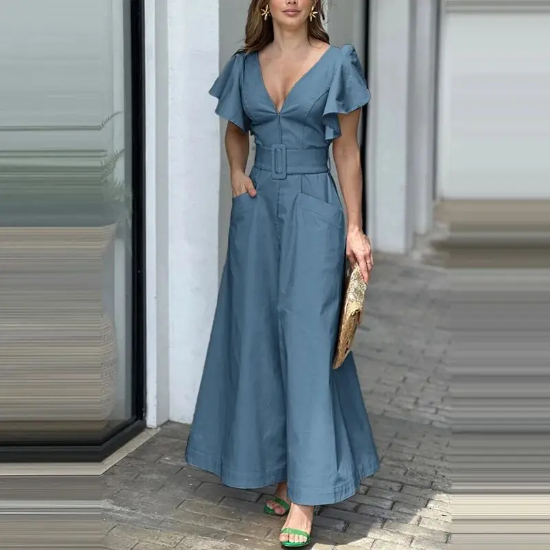 

Женский расклешенный комбинезон/брюки Ele с V-образным вырезом, модный, с низкой талией, из бамбукового волокна