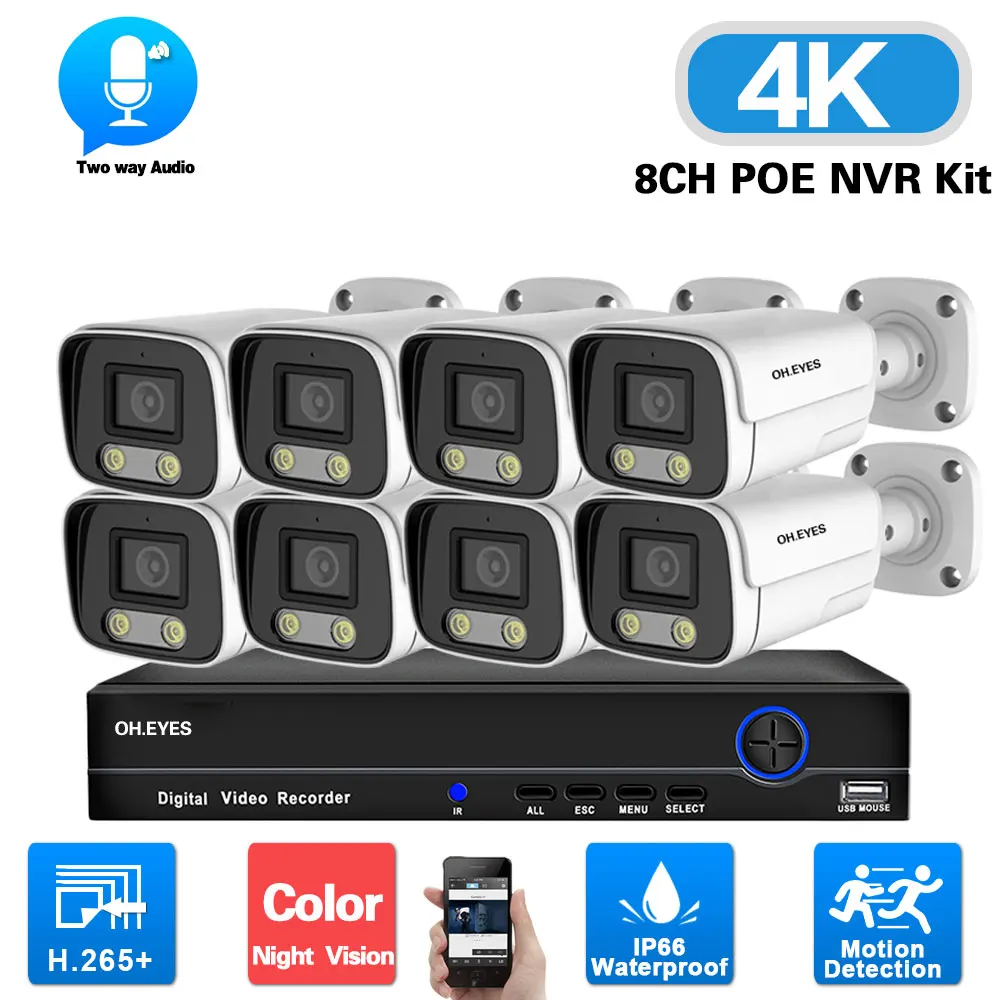 4K 8MP POE Security Camera System 8CH Outdoor Color Night Vision IP Camera Video Surveillance Kit 2 Way Audio CCTV POE NVR Set