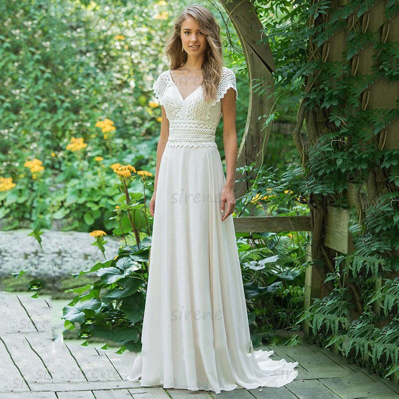 Customized Bohemian A-Line Wedding Dress White V-Neck Backless Cap Sleeve Lace Applique Chiffon Bridal Gowns Sweep Train 2025