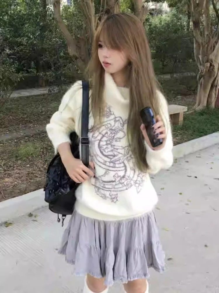 

Американский винтажный свитер с длинными рукавами, женский повседневный милый пуловер Y2k Kawaii, трикотаж, водолазка с вышивкой, тонкий весенне-осенний