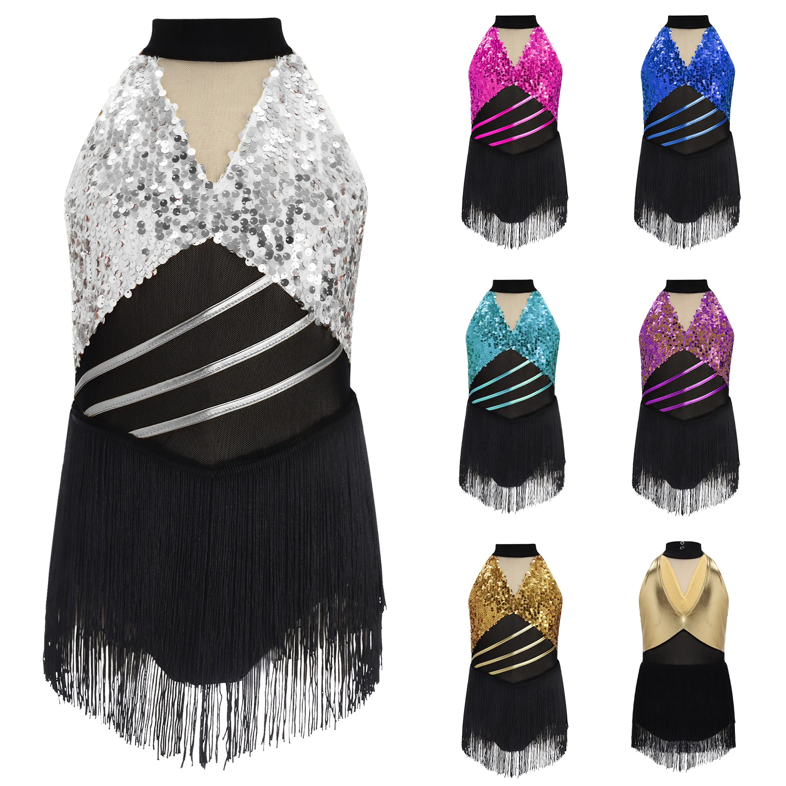 Ballet Jersey Latin Leotards Dresses for Girls Kids Sequin Jazz Tango Chacha Dress Sleeveless Shiny Tassel Dress Rumba Dancewear