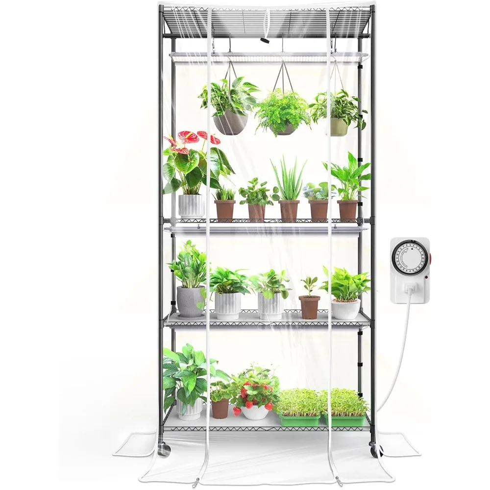 

indoor greenhouse with grow light, 4-tier metal plant stand with zippered eva cover and wheels, led full spectrum 3ft 36w