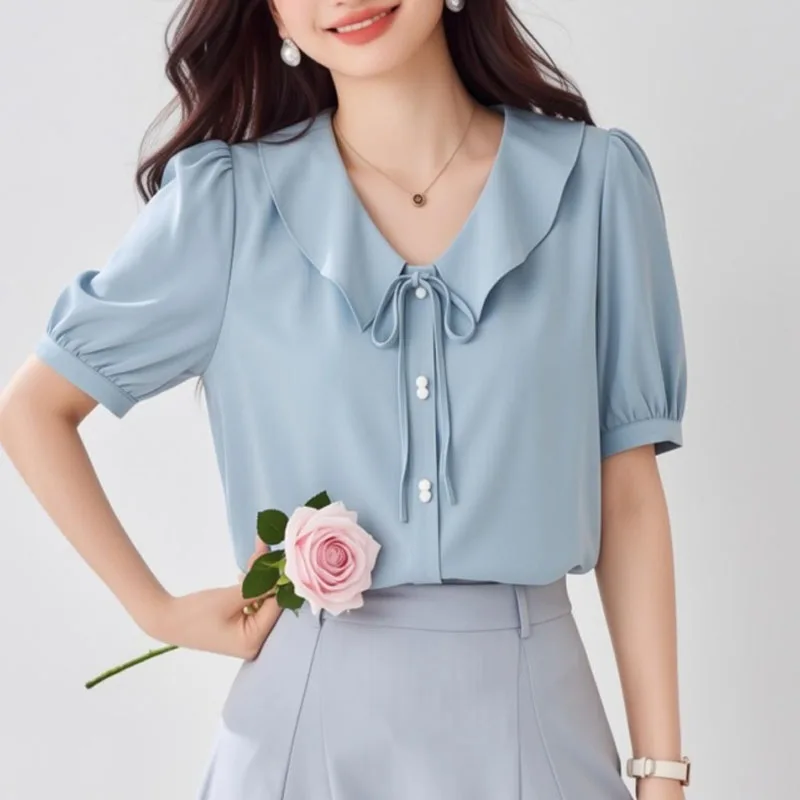 

Women Shirt Blouse Fashion Summer Short Sleeve White Lace-up Shirt Blouse Women Tops Doll Collar Chiffon Blusas Para Mujer Q4206