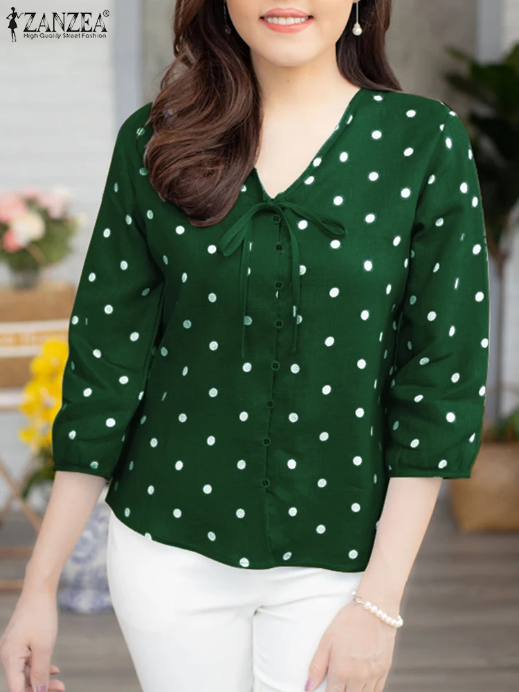 Casual Loose Lace Up Tops Tunics ZANZEA Bohemian Polka Dot Blouse Fashion 3/4 Puff Sleeve Shirts 2025 Spring Commuting Blusas