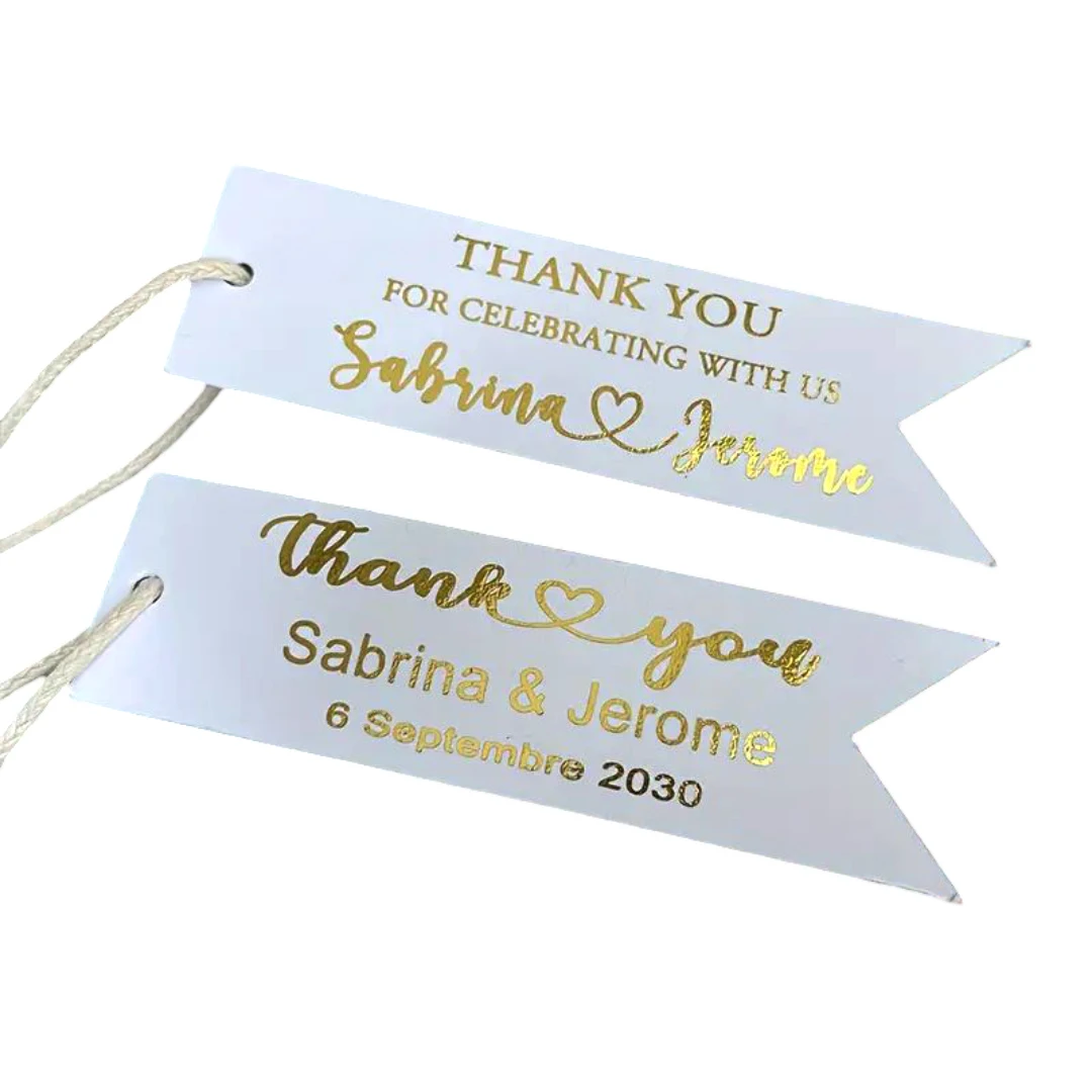 Étiquettes cadeaux personnalisées pour cadeaux de mariage, étiquettes ou étiquettes de remerciement en feuille d'or pour mariage, anniversaire, décor de fête prénuptiale, 50 pièces